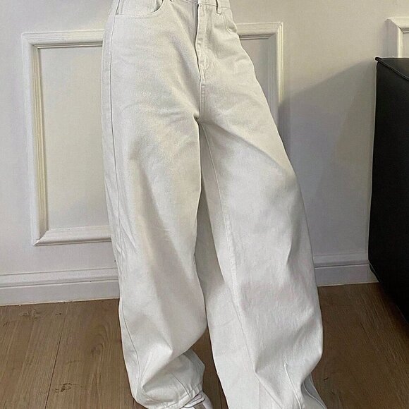 White Casual Women's Solid Color Loose Denim Pants - Picture 2 of 9